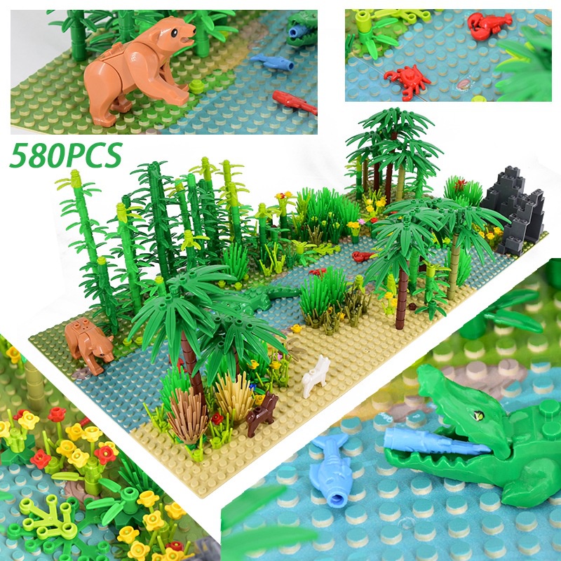 Seri Blok Bangunan Kreatif Pemandangan Hutan Hujan Tropis Aksesoris Hewan Kit DIY Scene Building Block Toys