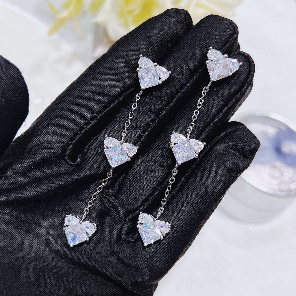 Goldkingdom Fashion Perhiasan Aksesoris Ready Stock Cahaya Mewah Putri Merah Muda Berlian Hati Kalung Wanita Kadar Tinggi Cinta Panjang Rumbai Telinga Stud Set