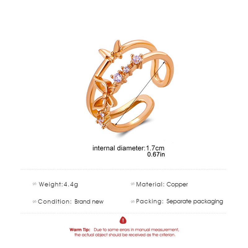 Korea S925 Sterling Perak Rose Gold Berlian Kristal Kupu-Kupu Lapisan Ganda Terbuka Cincin Untuk Wanita Fashion Tembaga Rings