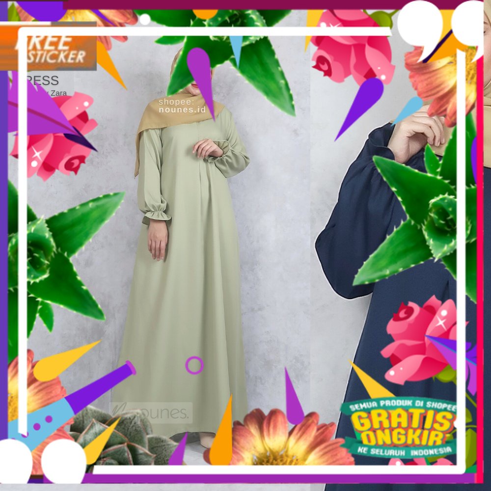 Nounes Jenny Plain Basic Dress Gamis Wanita Muslim Polos Lady Zara crepe agak Stretch Saku Kanan Len