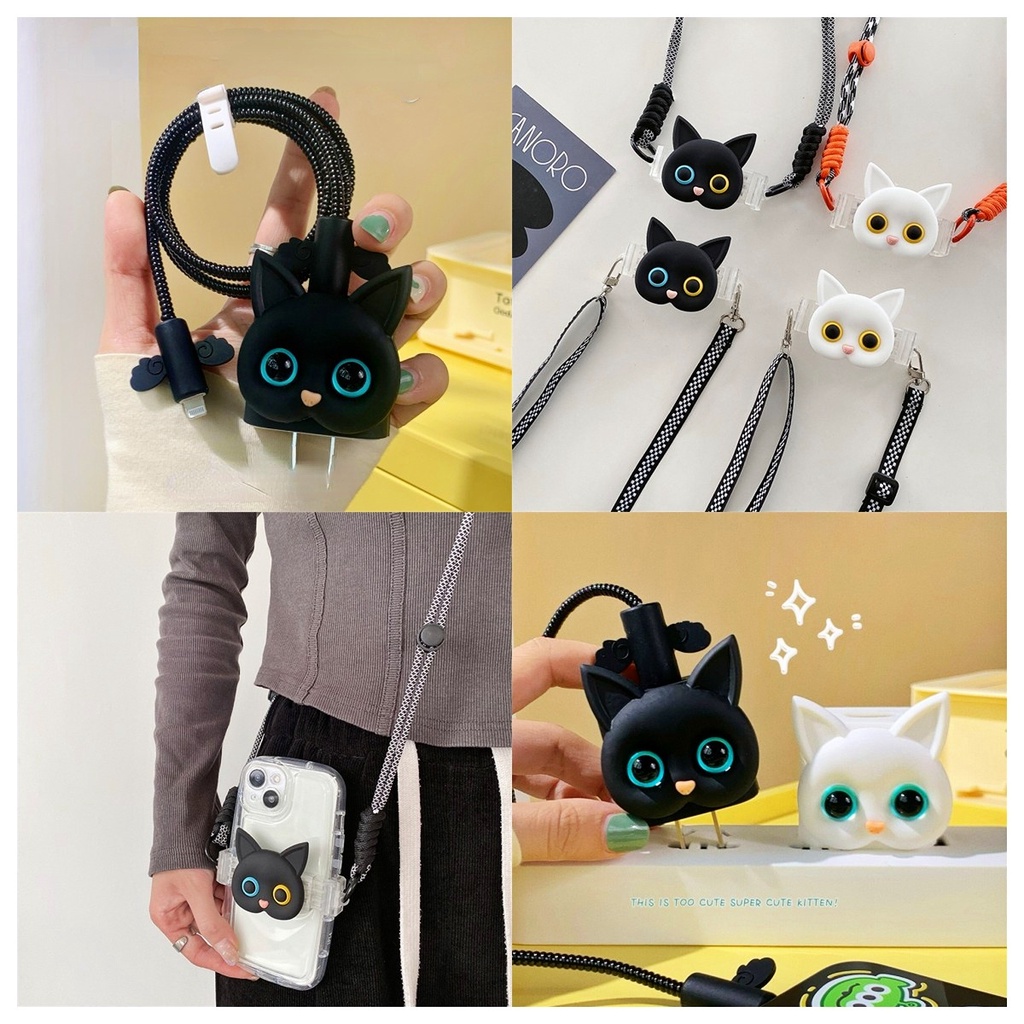 Kartun Charger Casing Pelindung Kucing Lucu Ponsel Klip Belakang Cord Pembungkus Kabel Data Case Pelindung Untuk IPhone 20w Quick Charger Pelindung Case Anyaman Kabel Ponsel