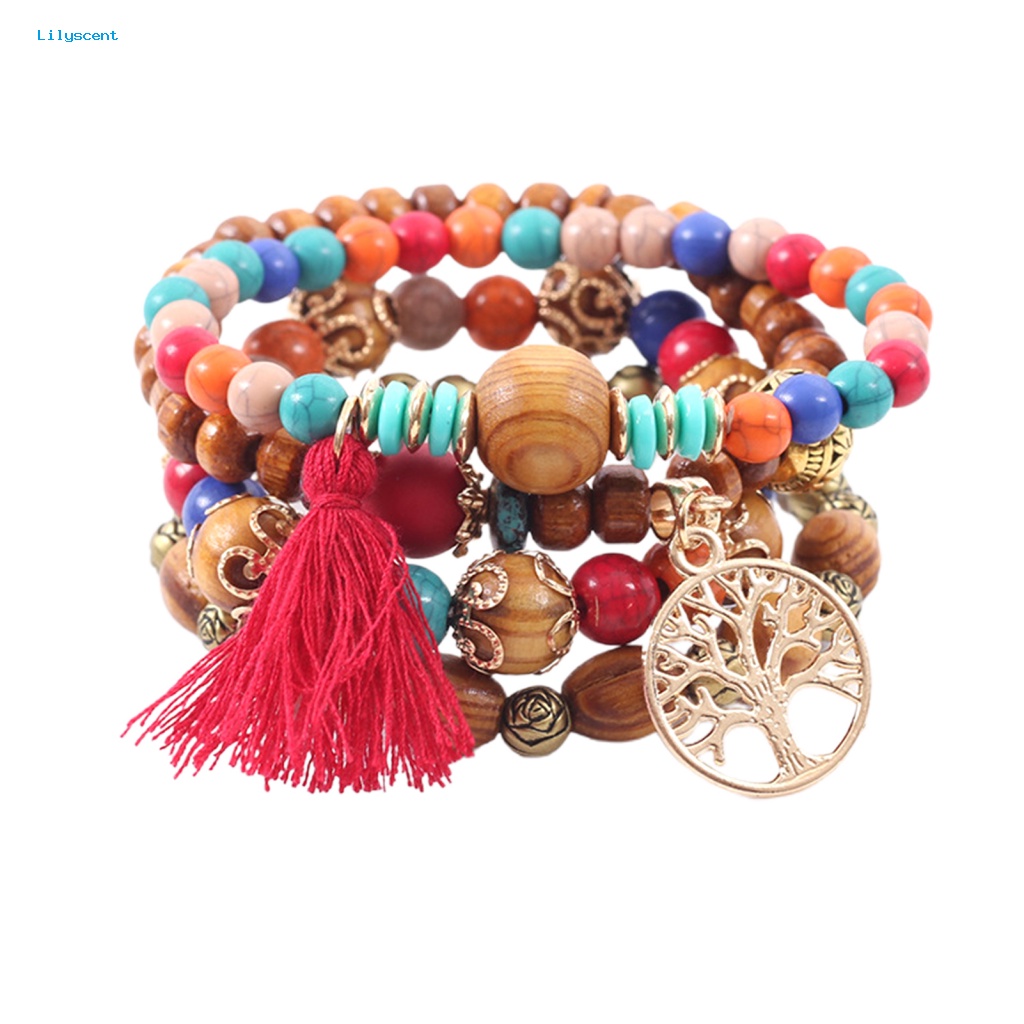 Lilyscent 4 Pcs Unisex Fashion Manik-Manik Kayu Rumbai Untai Bangle Gelang Perhiasan Hadiah