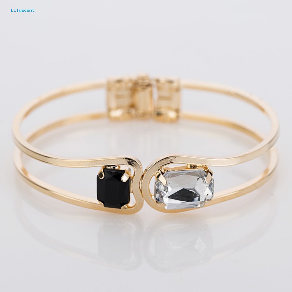 Lilyscent Modern Lady Mewah Golden Tone Berlian Imitasi Pesona Gelang Cuff Bangle Perhiasan