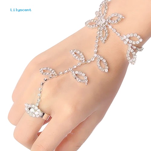 Lilyscent Kristal Berlian Imitasi Daun Tangan Harness Gelang Rantai Budak Link Kaki Jari Cincin