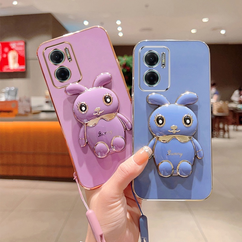 REDMI Andyh Casing Ponsel Untuk Xiaomi Redmi10 Prime+5G Kartun Lucu Kelinci Kecil Tepi Lurus Shell Lembut Mengirim lanyard Silikon