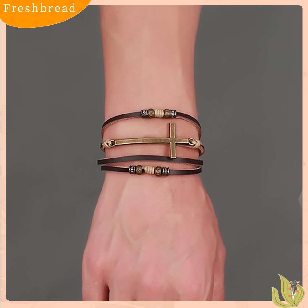 &lt; Freshbread &gt; Retro Faux Kulit Gelang Salib Bangle Wanita Pria Perhiasan Tali Adjustable Rantai