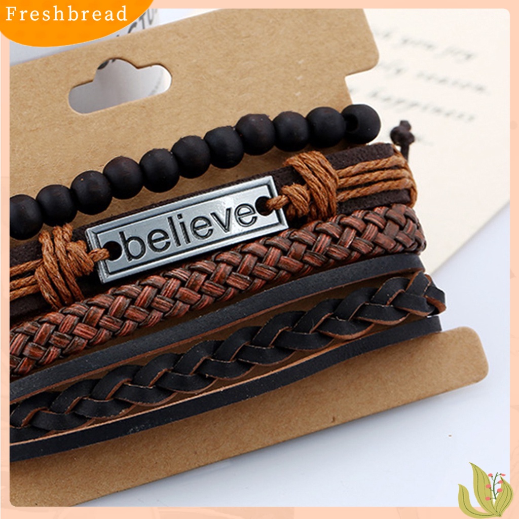 &lt; Freshbread &gt; 4Pcs/Set Pria Fashion Adjustable Kulit Imitasi Tali Dikepang Percaya Huruf Gelang Manik-Manik