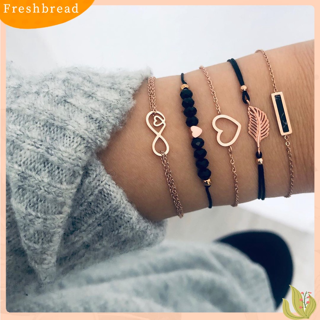 &lt; Freshbread &gt; 5Pcs/Set Gelang Rantai Beberapa Lapisan Handmade Tali Kombinasi Fashion Boho Geometris Daun Manik-Manik Berlapis Tangan Rantai Perhiasan Aksesori