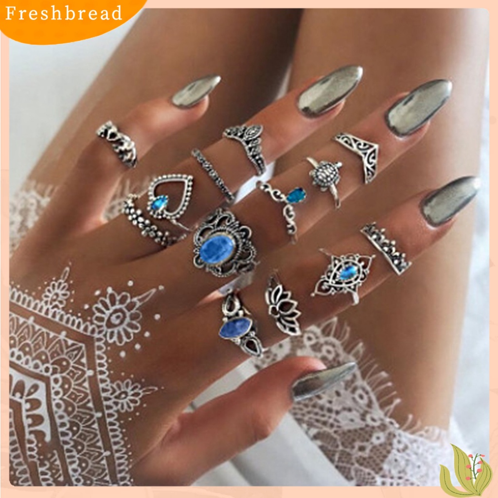 &lt; Freshbread &gt; 11 /13 /15Pcs Cincin Buku Jari Ukir Bunga Dapat Ditumpuk Alloy Bohemia Hitam Faux Permata Jari Rings Perhiasan Aksesori