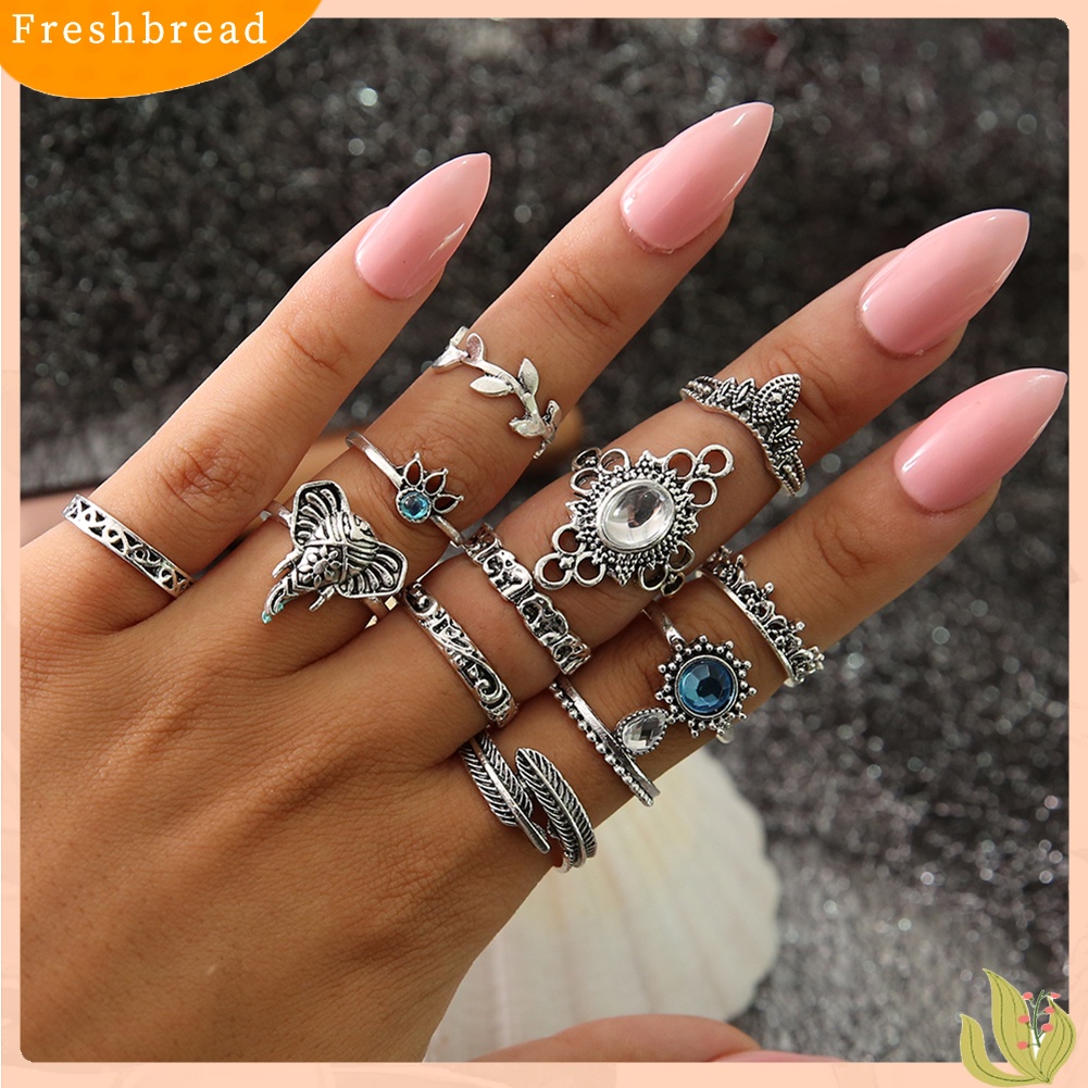 &lt; Freshbread &gt; 12 Pcs Wanita Vintage Boho Faux Gemstone Rhinestone Jewelry Buku Jari Susun Rings