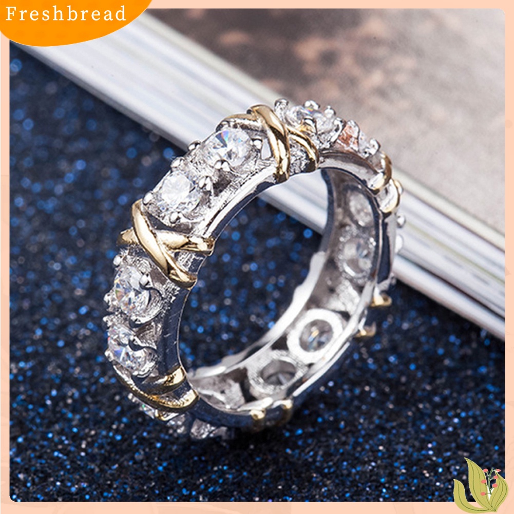 &lt; Freshbread &gt; Fashion Penuh Cubic Zirconia CZ Cross Cincin Berlapis Emas Putih Lady Pernikahan Perhiasan