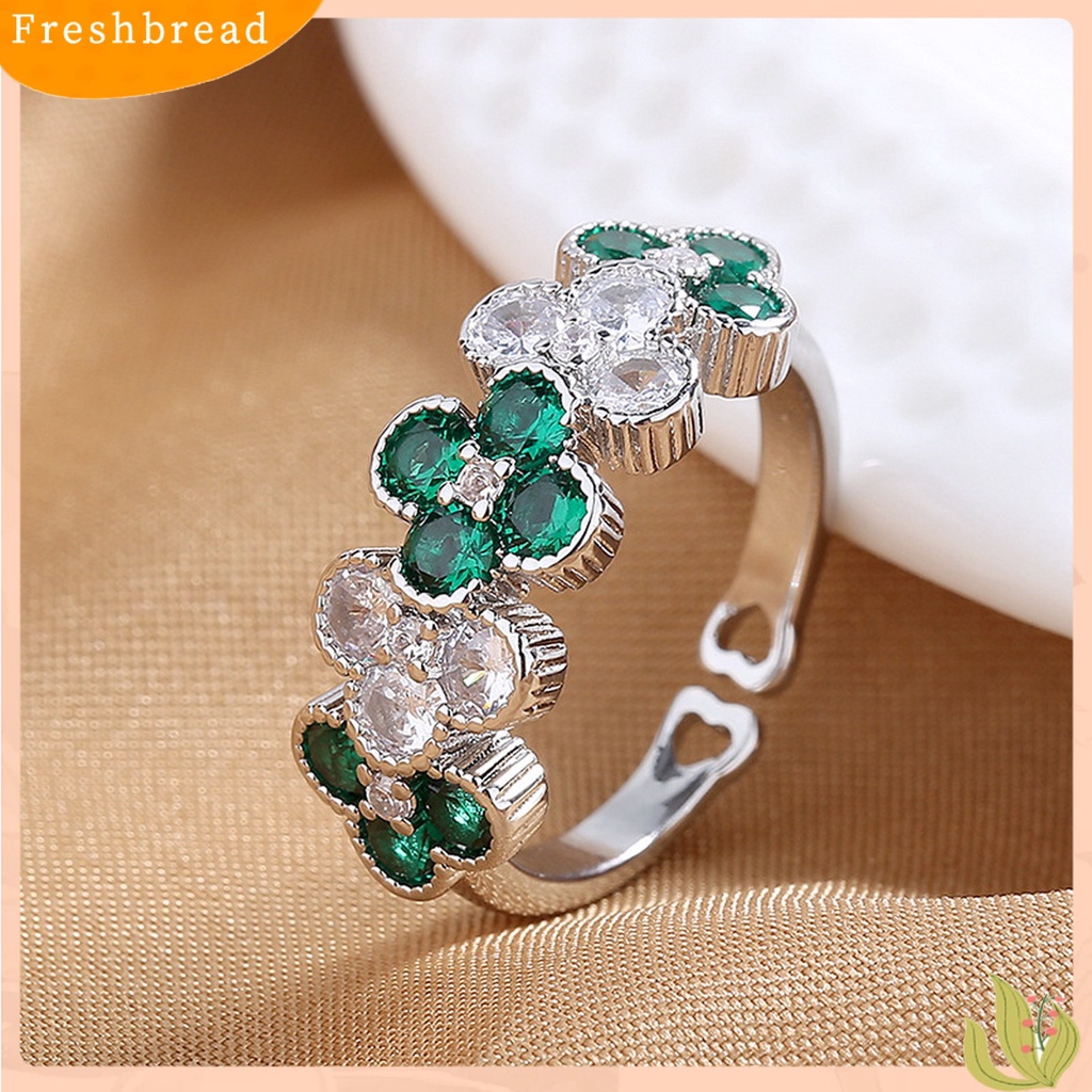 &lt; Freshbread &gt; Wanita Cincin Vintage Shiny Cubic Zirconia Desain Pembukaan Yang Dapat Disesuaikan Berdandan Hadiah Wanita Empat Daun Semanggi Beruntung Cincin Aksesoris Perhiasan