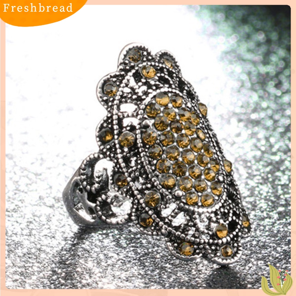 &lt; Freshbread &gt; Perhiasan Pesta Wanita Vintage Bentuk Oval Berongga Berlian Imitasi Jari Cincin Hadiah