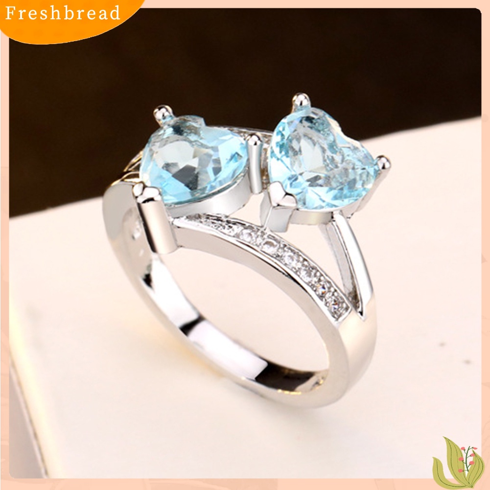 &lt; Freshbread &gt; Wanita Fashion Ganda Bentuk Hati Cubic Zirconia Hias Jari Cincin Perhiasan Hadiah