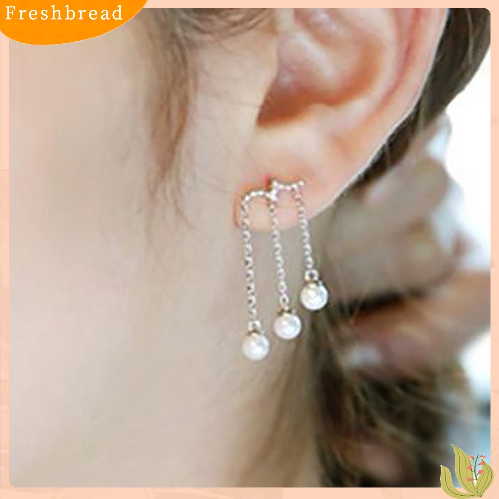 &lt; Freshbread &gt; Pesta Elegan Wanita Triple Rumbai Mutiara Imitasi Menjuntai Panjang Stud Earrings Jewelry