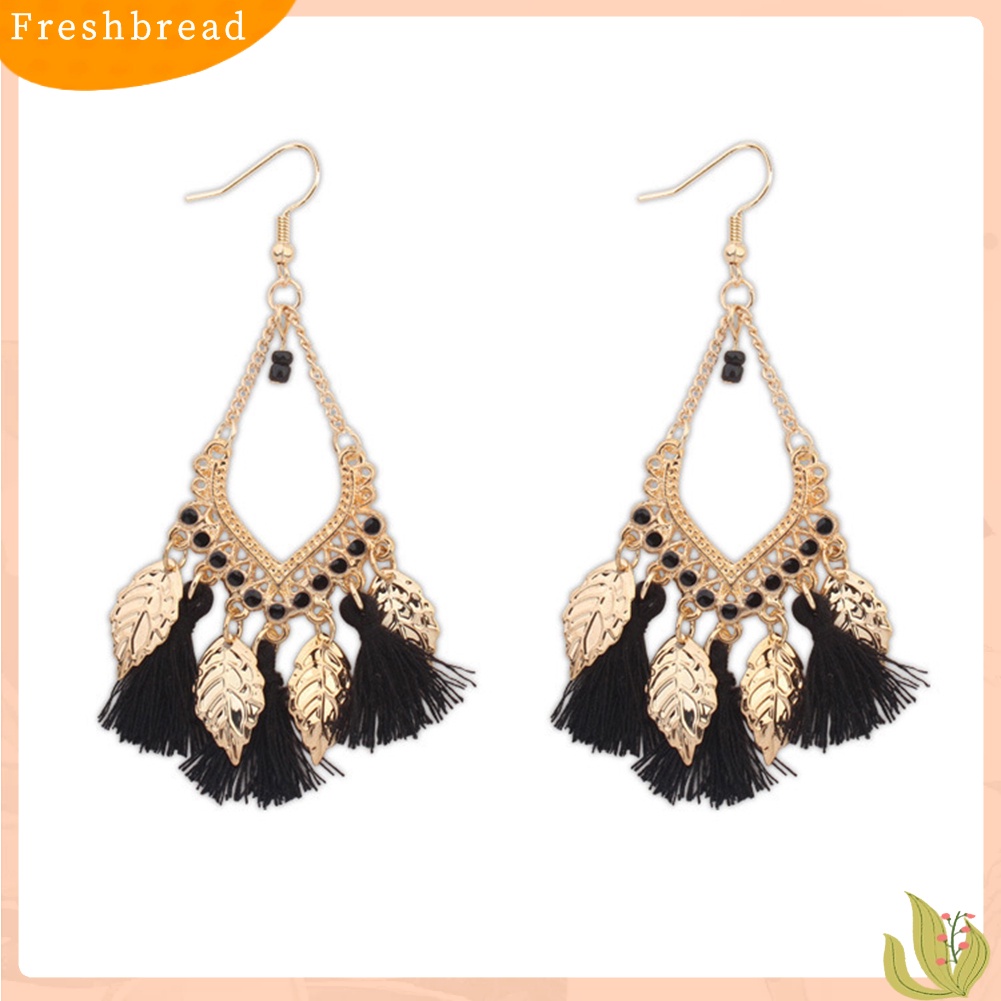 &lt; Freshbread &gt; Gaya Etnik Bohemian Jumbai Daun Logam Panjang Drop Hook Anting Wanita Perhiasan