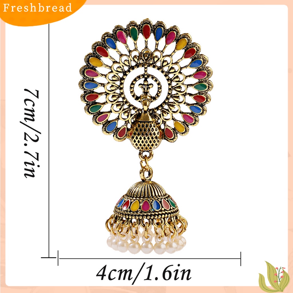 &lt; Freshbread &gt; 2Pcs Anting Menjuntai Gaya India Bell Rumbai Mutiara Imitasi Warna-Warni Geometris Hias Hadiah Wanita Merak Liontin Anting Perhiasan Fashion Untuk Pakaian Sehari-Hari