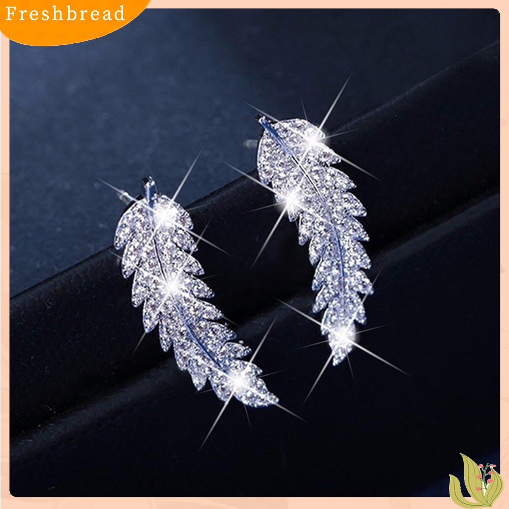 &lt; Freshbread &gt; Wanita Mewah Daun Penuh Cubic Zirconia Hias Telinga Pendaki Anting Crawler