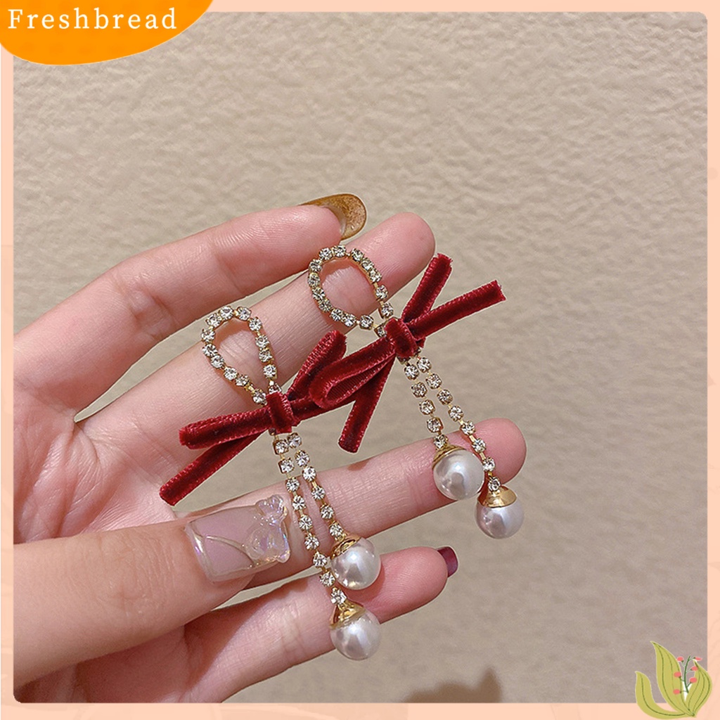 &lt; Freshbread &gt; 1pasang Anting Menjuntai Busur Mutiara Imitasi Wanita Berlian Imitasi Mengkilap Jumbai Anting Stud Untuk Pacaran