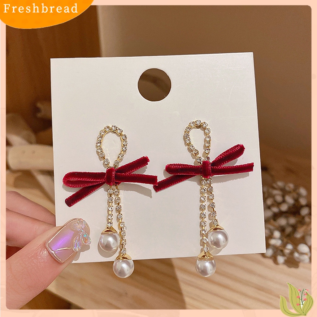 &lt; Freshbread &gt; 1pasang Anting Menjuntai Busur Mutiara Imitasi Wanita Berlian Imitasi Mengkilap Jumbai Anting Stud Untuk Pacaran