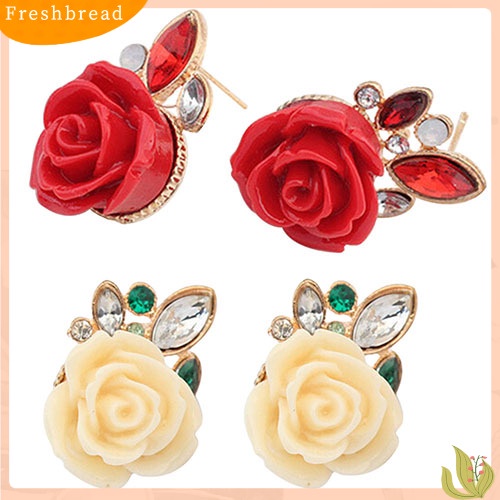 &lt; Freshbread &gt; Wanita Retro Elegan Bunga Mawar Berlian Imitasi Bertatahkan Telinga Studs Earrings Hadiah