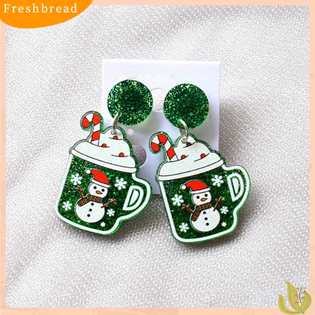 &lt; Freshbread &gt; 1pasang Anting Natal Motif Rumah Glitter Wanita Semua Pertandingan Cangkir Snowman Stud Earrings Untuk Pesta