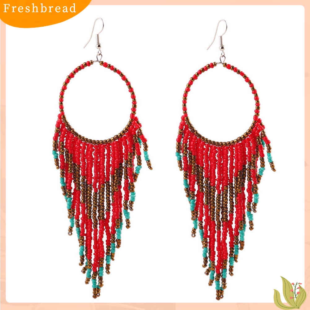 &lt; Freshbread &gt; Bohemian Wanita Manik-Manik Rumbai Bulat Menjuntai Kait Panjang Anting Pernyataan Perhiasan