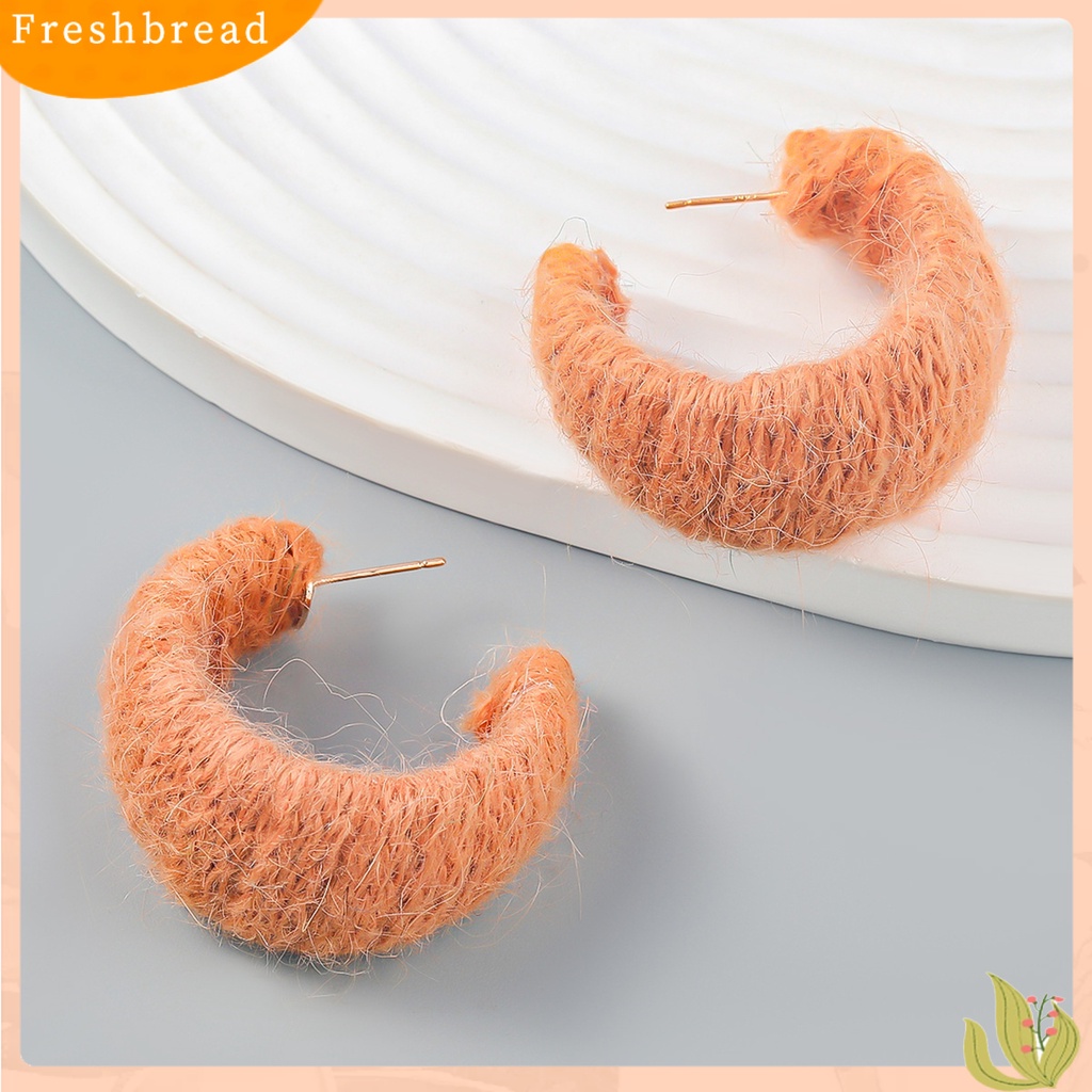 &lt; Freshbread &gt; 1pasang Anting Pejantan Berbentuk C Handmade Benang Katun Dikepang Geometris Hadiah Musim Gugur Musim Dingin Warna Solid Setengah Hoop Wanita Anting-Anting Perhiasan Fashion