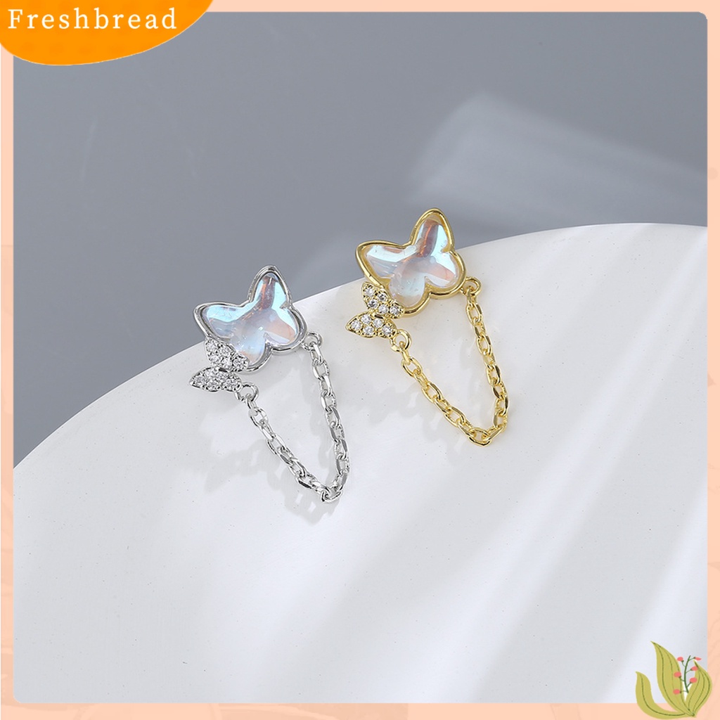 &lt; Freshbread &gt; 1pasang Ear Studs Mini Faux Moonstone Elegan Berlian Imitasi Tertanam Kupu-Kupu Rantai Wanita Anting Perhiasan Fashion