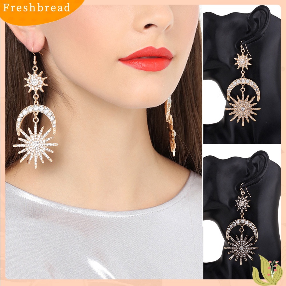 &lt; Freshbread &gt; Mewah Matahari Bulan Drop Anting-Anting Berlian Imitasi Mengkilap Ear Hook Boho Statement Jewelry