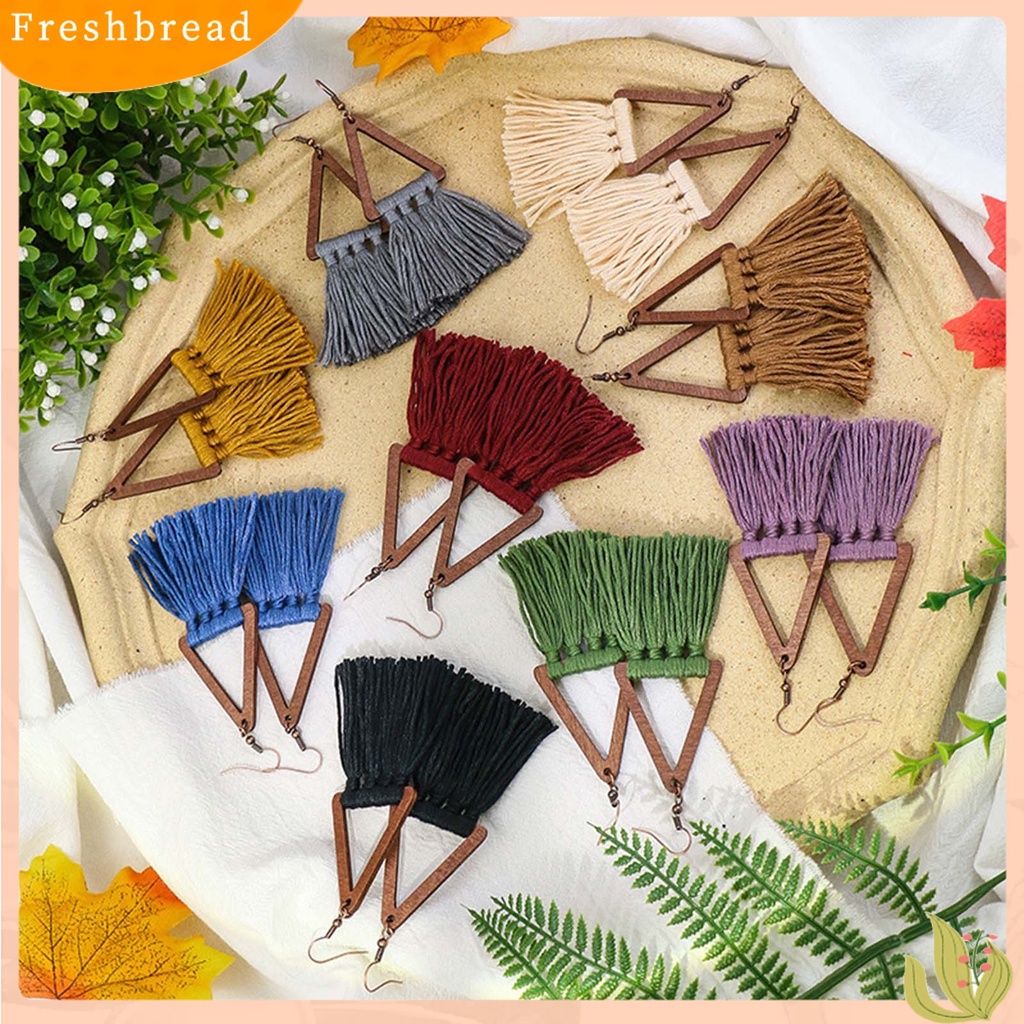 &lt; Freshbread &gt; 1pasang Segitiga Kayu Gaya Etnik Lady Drop Earrings Aksesori Bohemian Benang Katun Rumbai Kait Anting Perhiasan Pesta