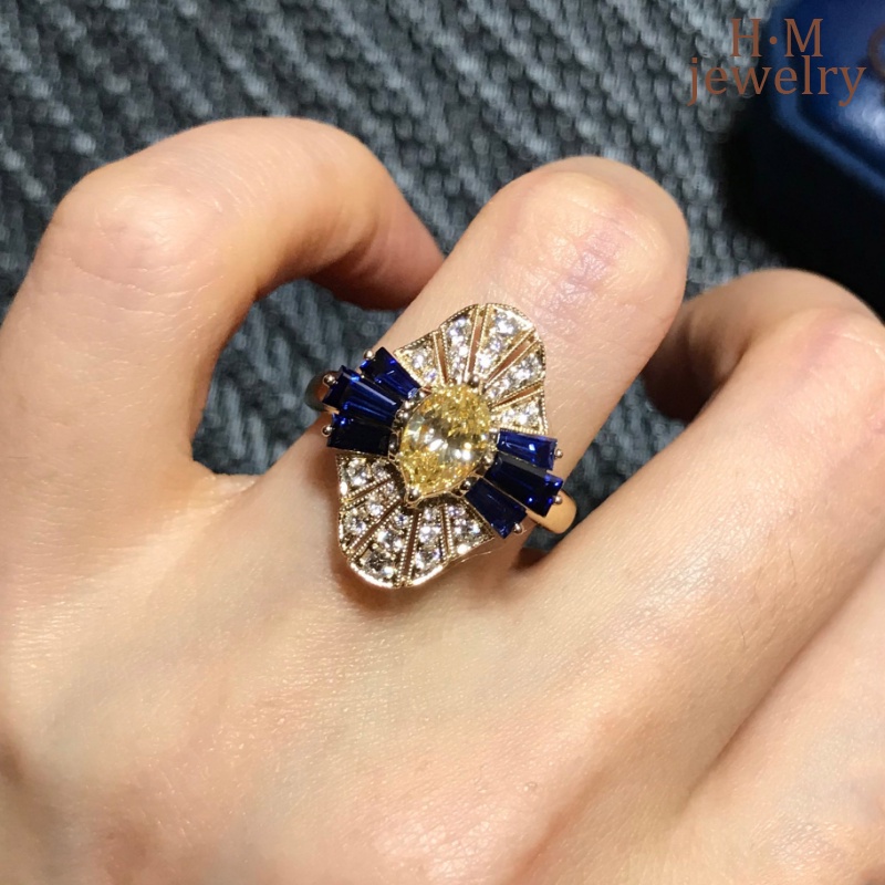 S925 Perak Vintage Bentuk Mata Kuda Kuning AAA Zircon Ring