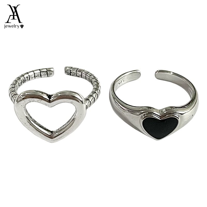 AY(CN) 2pcs / Set Cincin Desain Hati Hollow Hias Batu Permata Hitam Untuk Wanita