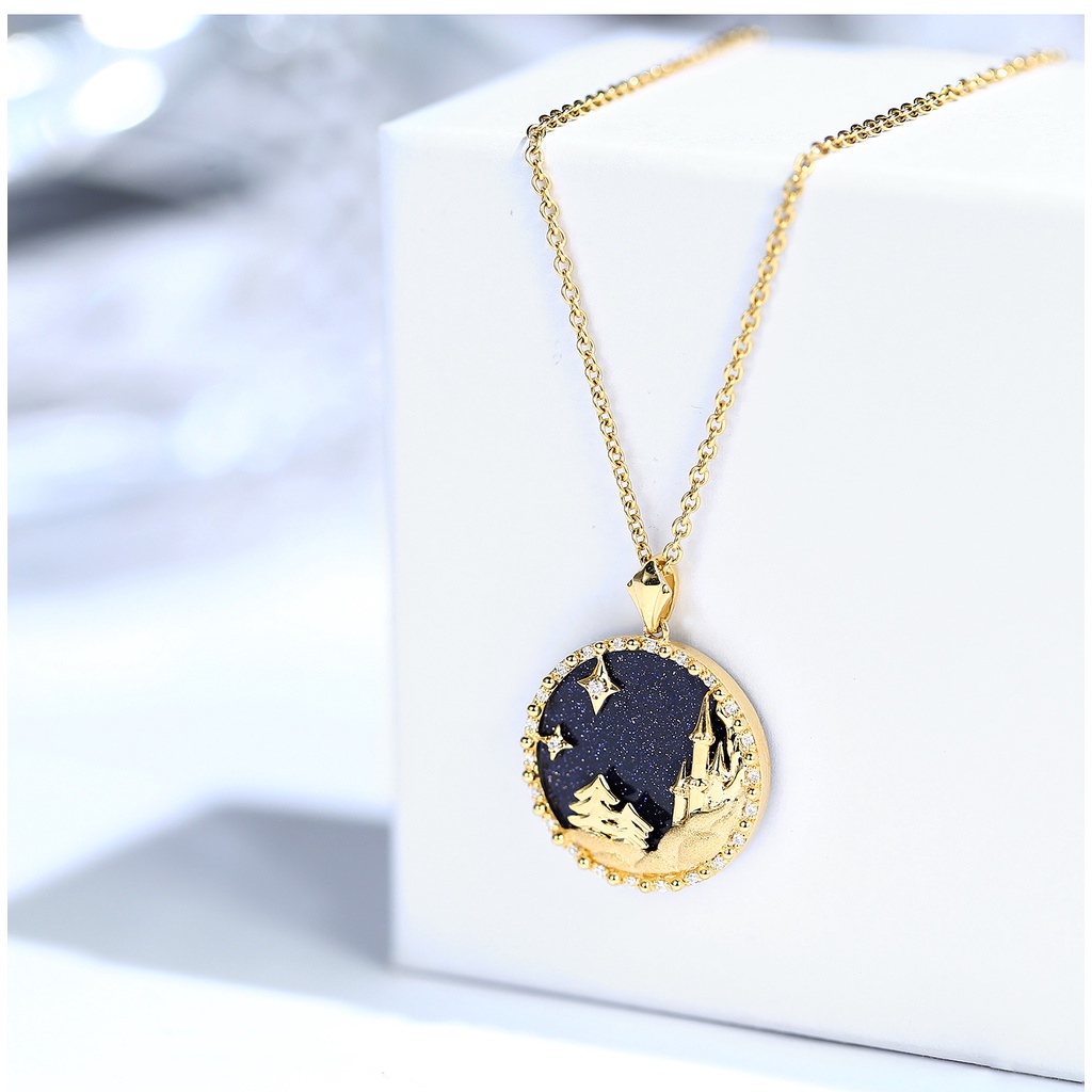 Goldkingdom Fashion Perhiasan Aksesoris Ready Stock Kreatif Es Dan Salju Beruntung Kalung Biru Berlapis Dengan Emas Geometris Castle Constellation Perhiasan Gadis