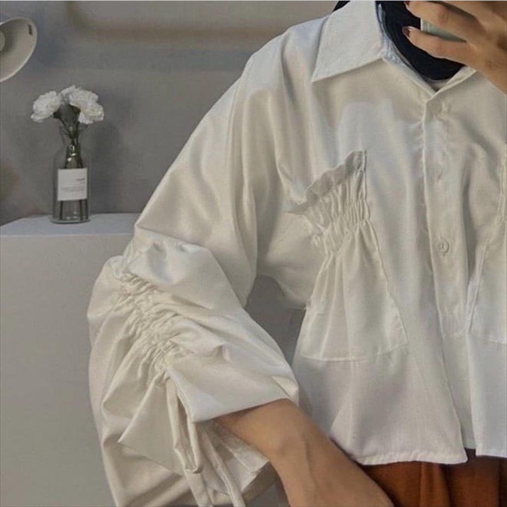 MJS 1.160 - Top Crop Shirt Sherin Lengan Panjang Kerut Kemeja Atasan Pakaian Blouse Wanita Korean Fashion Remaja