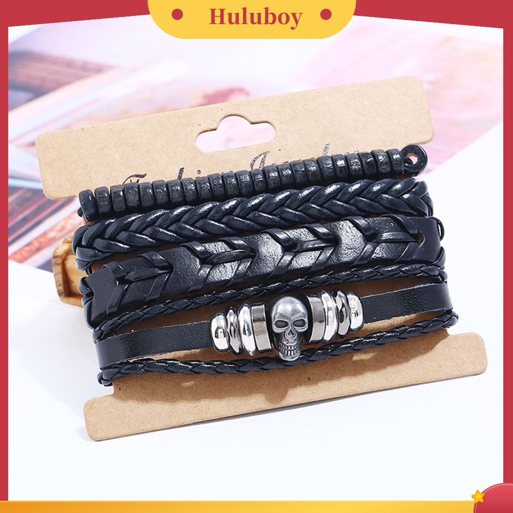 {Ready Stock} 4Pcs/Set Vintage Braided Skull Gelang DIY Pria Club Perhiasan Wristband Charm