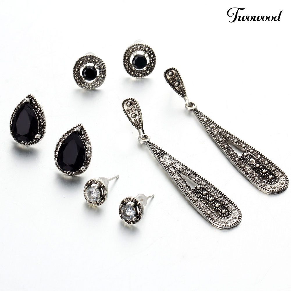 Twowood 4pasang Bohemian Wanita Cubic Zirconia Bulat Drop Ear Studs Linear Earrings Set