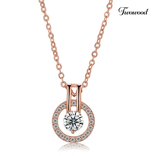 Twowood Women's Zircon Round Pendent Choker Rantai Kalung Anting Set Perhiasan Pernikahan