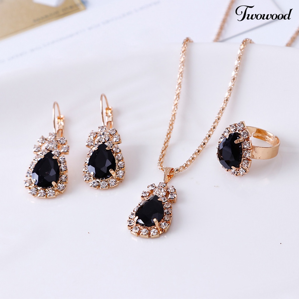 Twowood 3Pcs/Set Klip Telinga Warna Cerah Paduan Kalung Anting Cincin Set Tetesan Air Berlian Imitasi Liontin Kalung Anting Cincin Perhiasan Aksesori