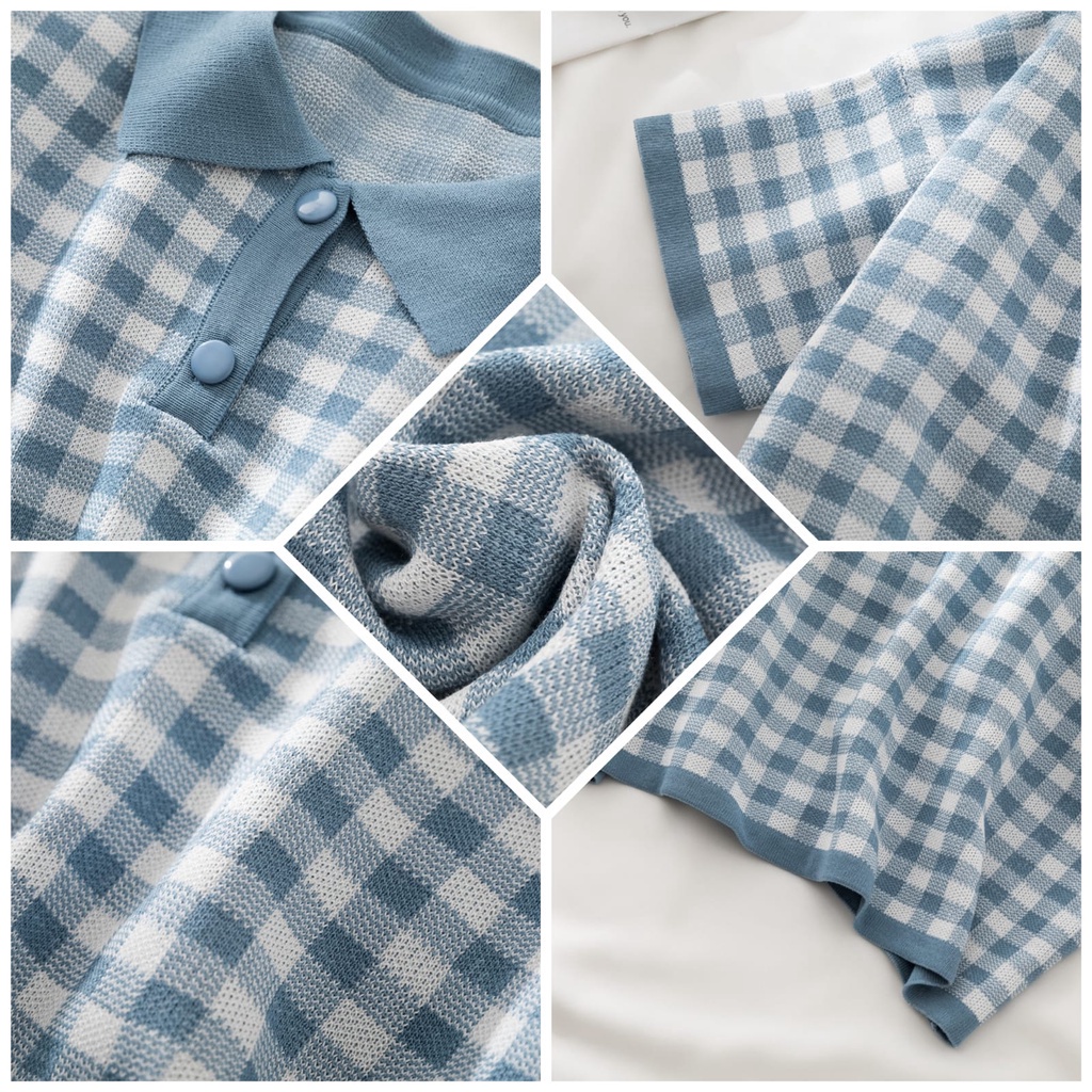 TOPGROSI TG1689 Atasan Knit Kotak Kotak Berkerah Import Crop Top Wanita Lengan Pendek Rajut Nyaman