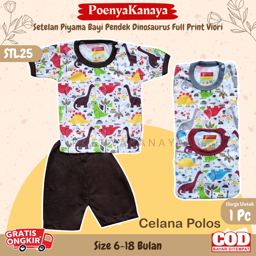 Setelan Baju Bayi Piyama PENDEK DINOSAURUS FULL PRINT Viori Size 6-18 Bulan STL25