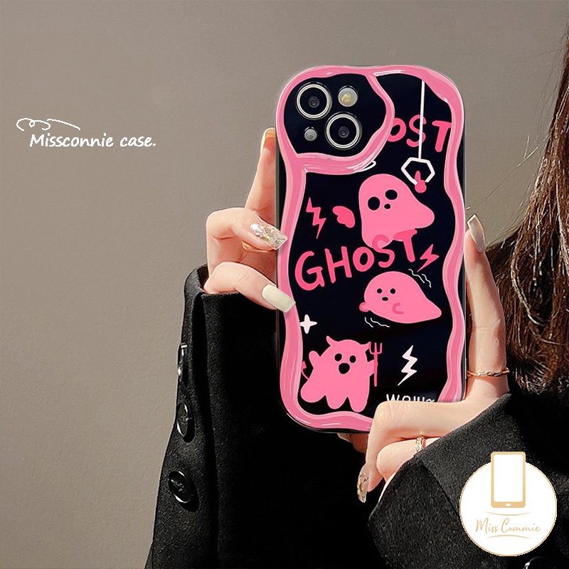 IPHONE Casing Ponsel Tpu Lembut Soul Ghost Lucu Kompatibel Untuk Iphone7 8 6s 6 Plus XR 11 13 12 14 Pro Max X XS Max SE 2020 3D Wavy Curved Edge Glossy Shockproof Pink Cover