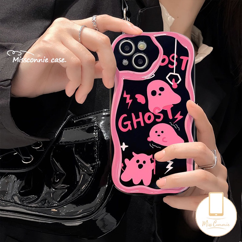 IPHONE Casing Ponsel Tpu Lembut Soul Ghost Lucu Kompatibel Untuk Iphone7 8 6s 6 Plus XR 11 13 12 14 Pro Max X XS Max SE 2020 3D Wavy Curved Edge Glossy Shockproof Pink Cover