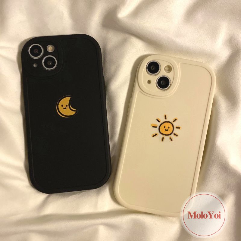 IPHONE Case Warna Solid Sederhana Kompatibel Untuk Iphone11 7 8 Plus 12 14 13 Pro MAX 6 6s 14 Plus XR X XS MAX SE 2020 Pasangan Bulan Matahari Penuh Pelindung Lembut Ponsel Cover