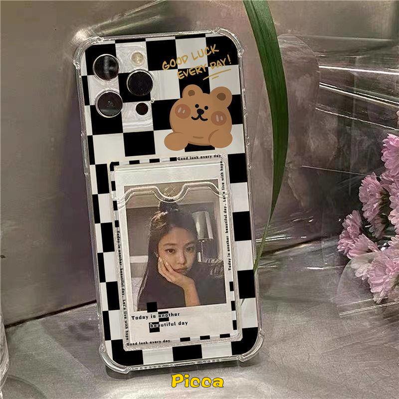 Kartun Lucu Bear Case Oppo A16 A95 A55 A12 A15 A96 A15s A7 A9 A5 2020 A5s A54 A74 A3s A12E A76 Reno8 7 5G A11K A36 A35 INS Dompet Slot Card Holder Anti Jatuh Lembut Tpu Penutup Belakang