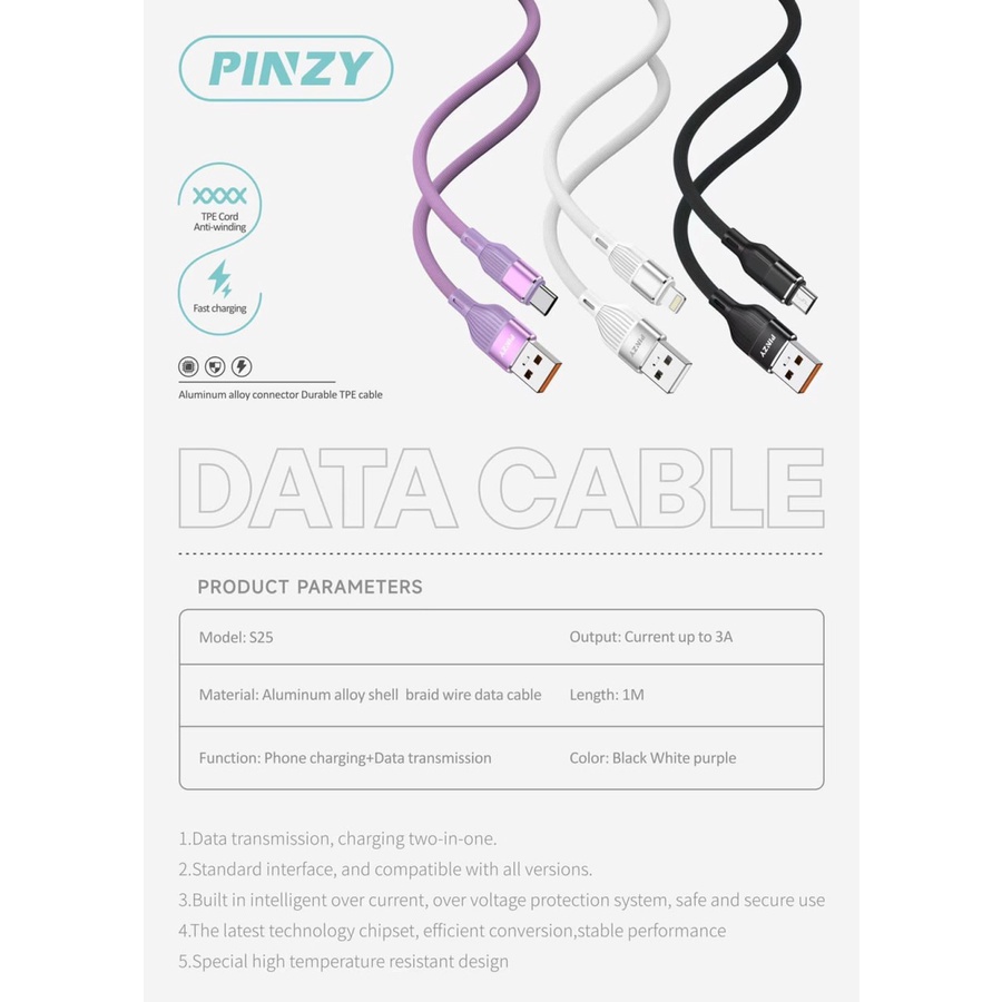 PINZY P-25 Kabel Data Fast Charging iphone Lightning android Type C Micro USB kabel cas charger HP original