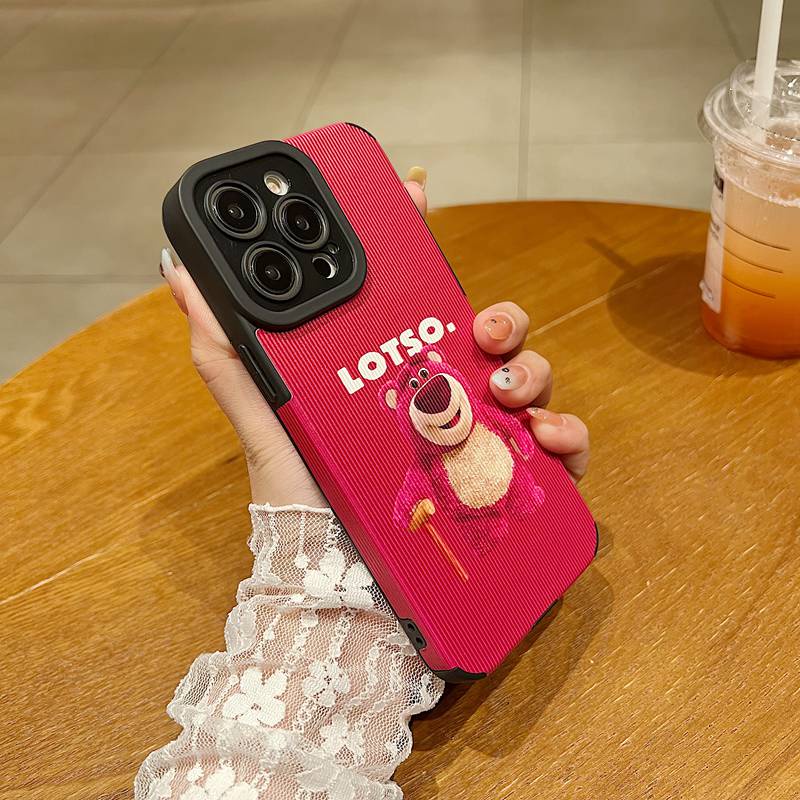 【Lamb Skin】So Cute Strawberry Bear LOTOSO Leather Soft Case for IPhone 7 Plus 8 Plus X XS XR XS Max 11 13 12 14 PRO Max 14 Plus for Girl Women's Gift casing hp Missconnie