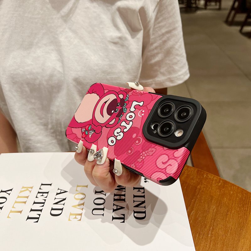 【Lamb Skin】So Cute LOTSO Strawberry Bear Leather Soft Case for IPhone 7 Plus 8 Plus X XS XR XS Max 11 13 12 14 PRO Max 14 Plus for Girl Women's Gift Red