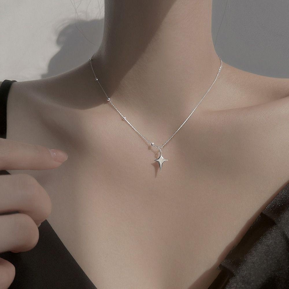 Mxbeauty Wanita Kalung Trendi Pesona Rantai Klavikula Hadiah Gadis Berujung Empat Bintang Tergantung Paduan Baja Titanium Gadis Choker