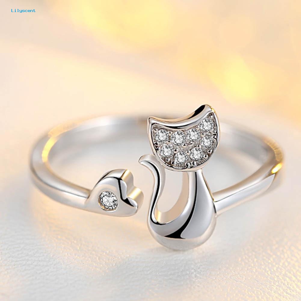 Lilyscent 1Pc Cubic Zirconia Hewan Kucing Kecil Yang Lucu Hati Terbuka Cincin Fashion Perhiasan